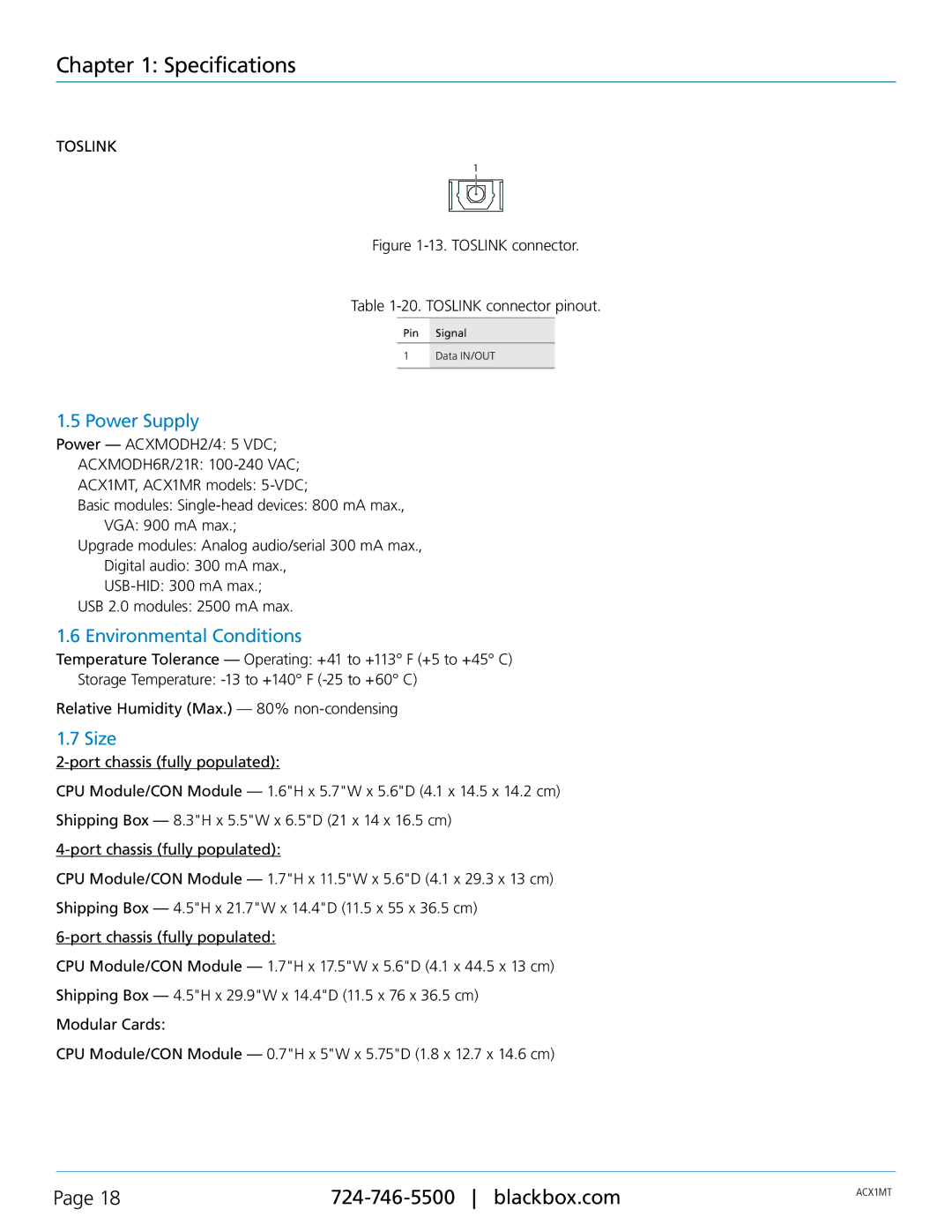 Black Box ACX1MR, ACXMODH4, ACXMODH2, ACXMODH-RMK, ACXMODHR, ACKMODH6R, ACX1MT Power Supply, Environmental Conditions, Size 
