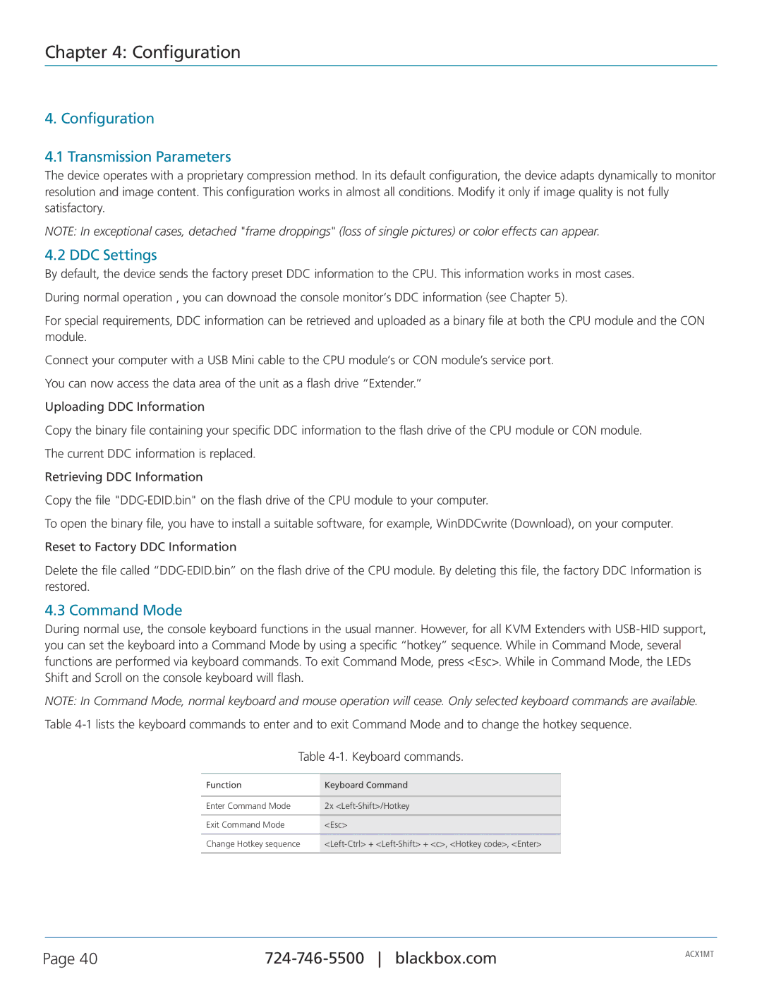 Black Box ACXMODH4, ACXMODH2, ACXMODH-RMK, ACXMODHR Configuration Transmission Parameters, DDC Settings, Command Mode 