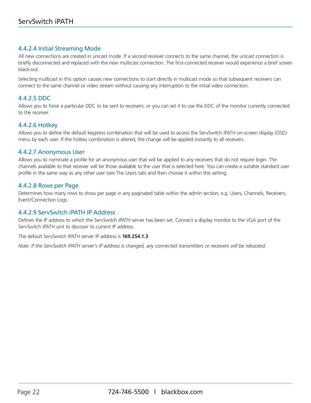 Black Box ACR1000A-CTL Initial Streaming Mode, 2.5 DDC, Hotkey, Anonymous User, Rows per, ServSwitch iPATH IP Address 