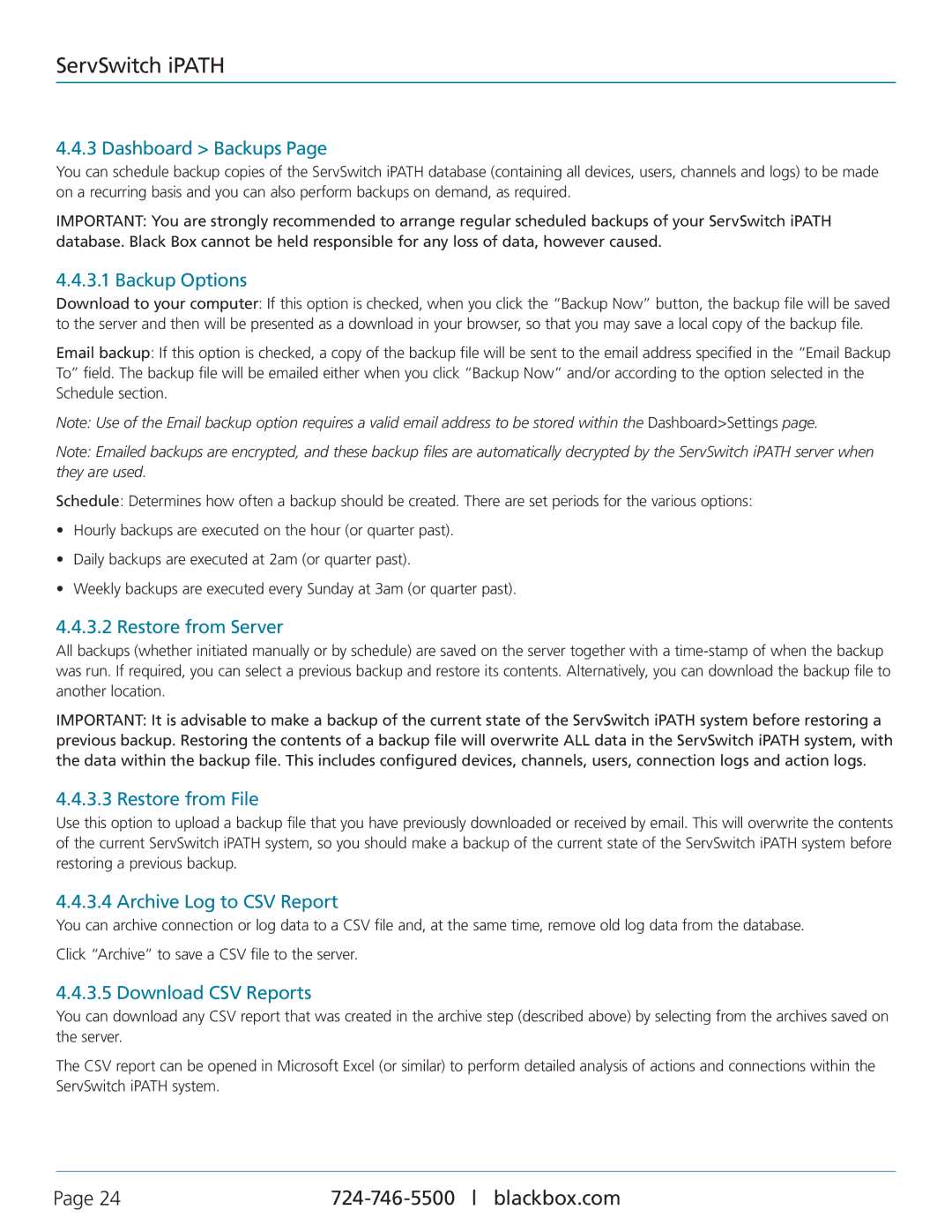 Black Box ServSwitch iPATH Dashboard Backups, Backup Options, Restore from Server, Restore from File, Download CSV Reports 