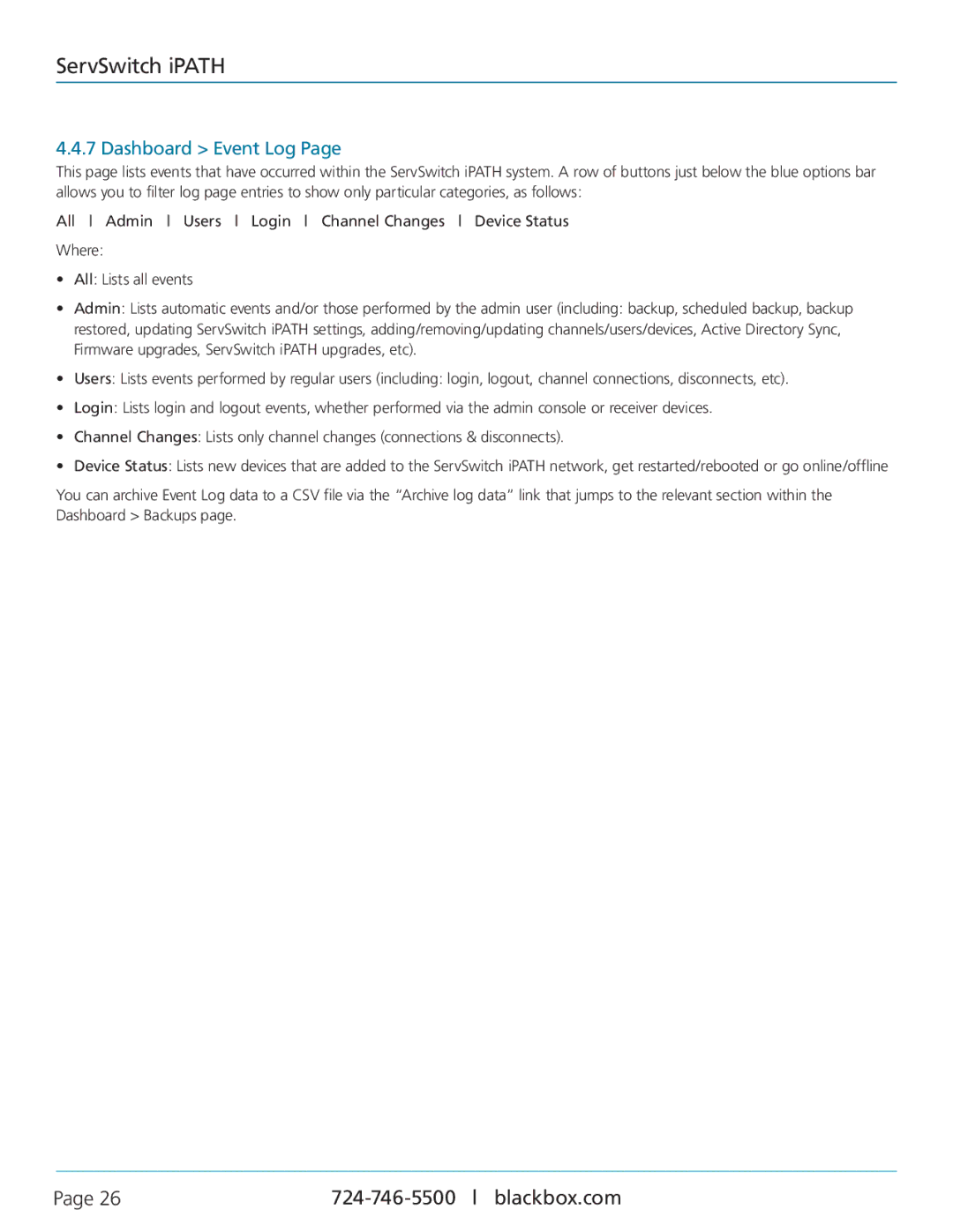 Black Box ServSwitch iPATH, ACR1000A-CTL manual Dashboard Event Log 