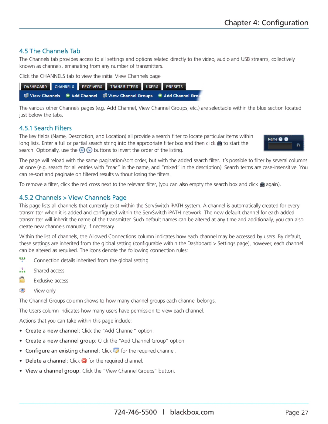 Black Box ACR1000A-CTL, ServSwitch iPATH manual Configuration, Channels Tab, Search Filters, Channels View Channels 