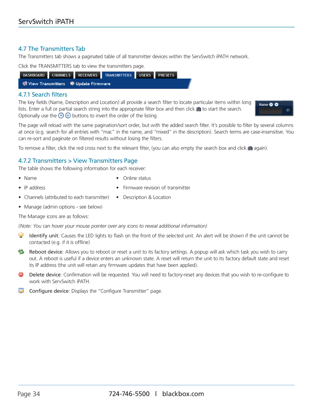 Black Box ServSwitch iPATH, ACR1000A-CTL manual Transmitters Tab, Transmitters View Transmitters 