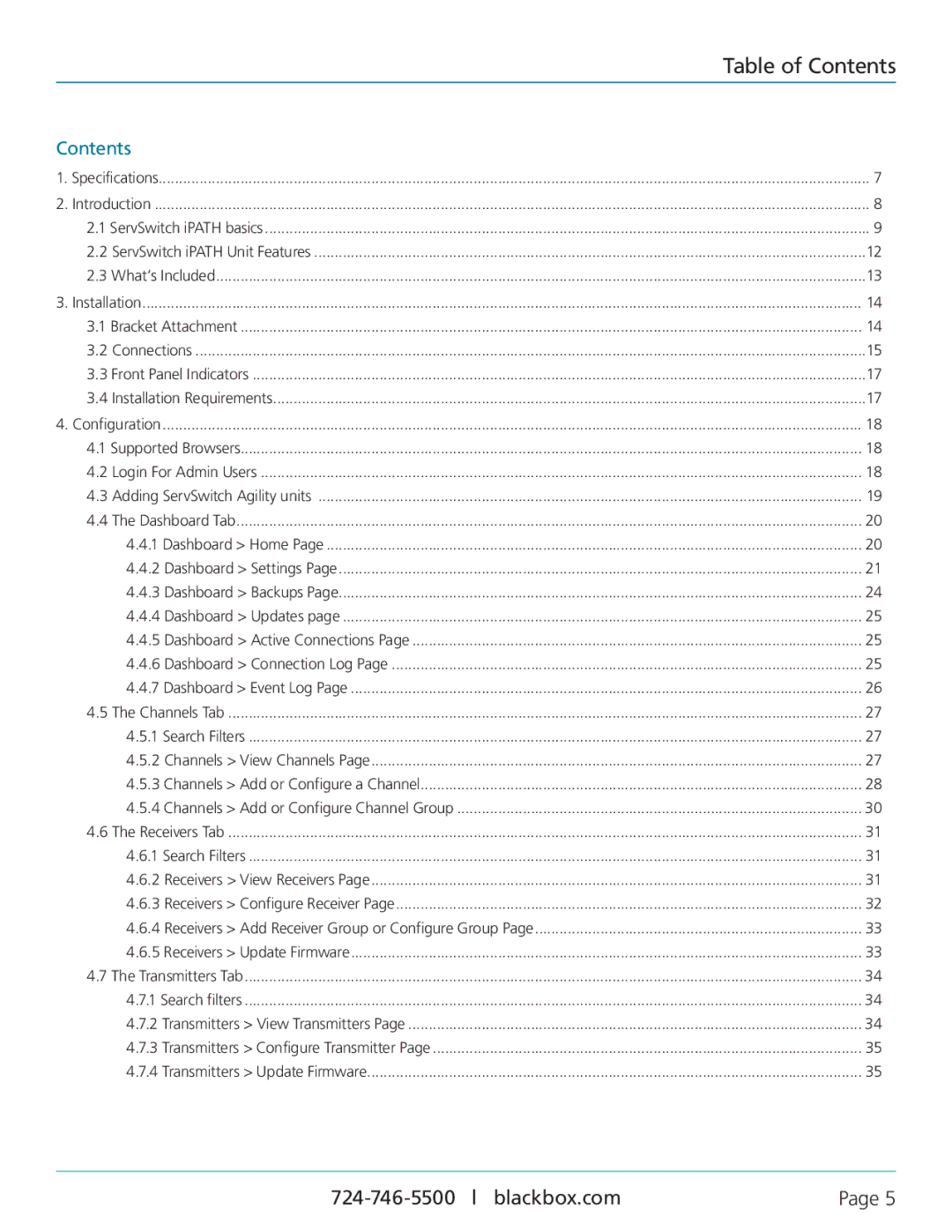 Black Box ACR1000A-CTL, ServSwitch iPATH manual Table of Contents 