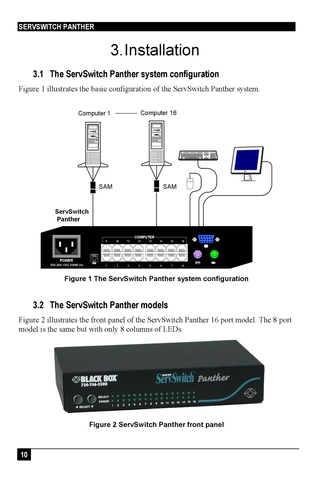 Black Box KV1106A, KV1116A manual Installation, ServSwitch Panther system configuration, ServSwitch Panther models 