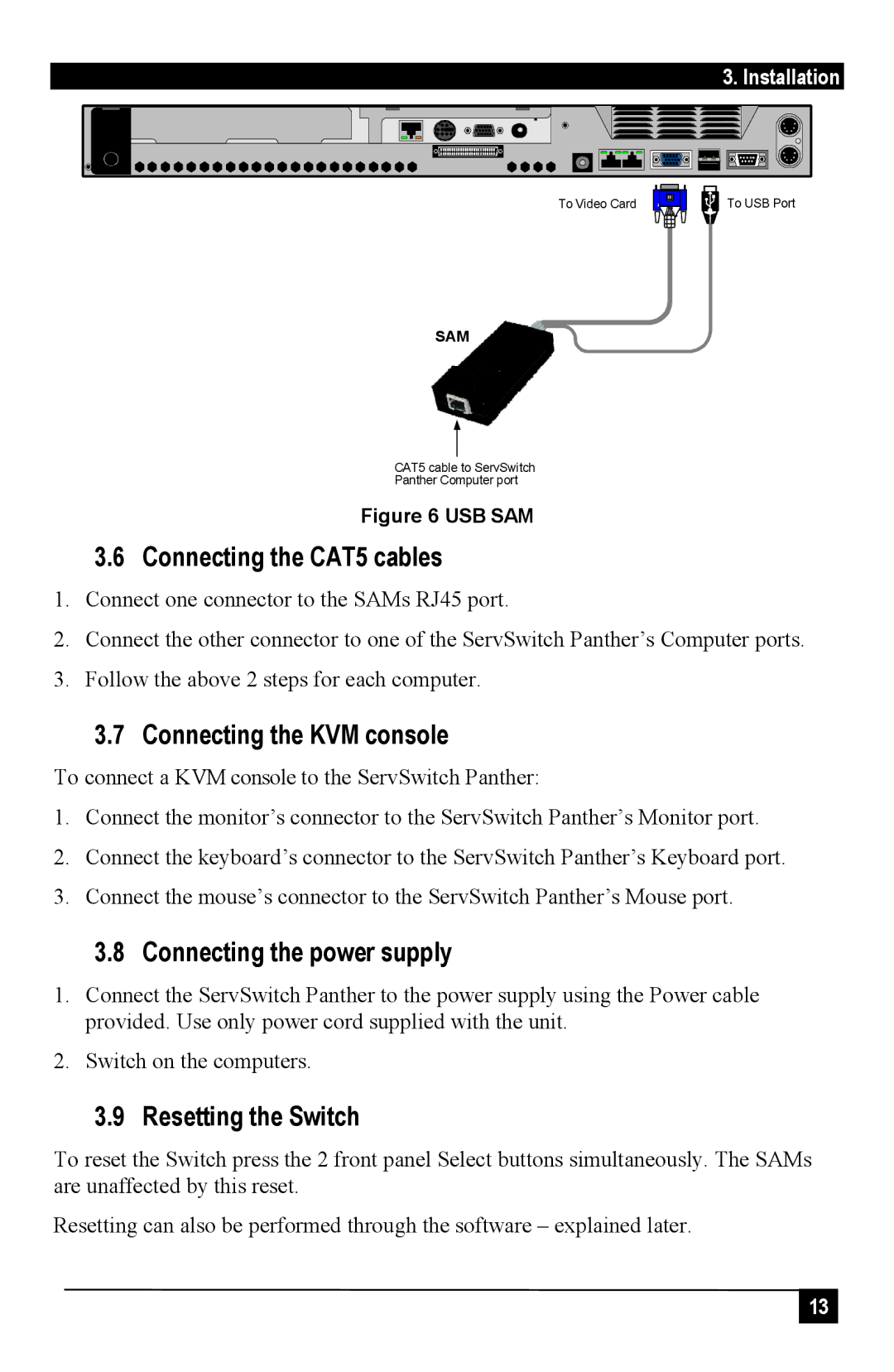 Black Box ServSwitch Panther, KV1106A Connecting the CAT5 cables, Connecting the KVM console, Connecting the power supply 