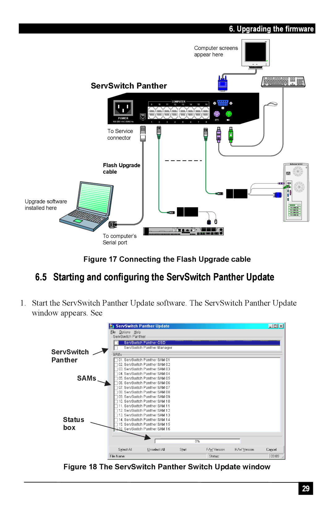 Black Box KV1106A, KV1116A manual Starting and configuring the ServSwitch Panther Update, Upgrading the firmware 