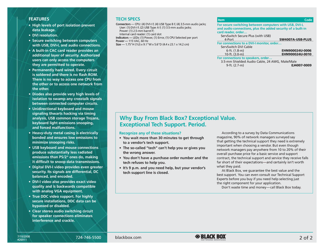 Black Box ServSwitch Secure Plus (with USB) manual Features, Tech Specs, Recognize any of these situations? 