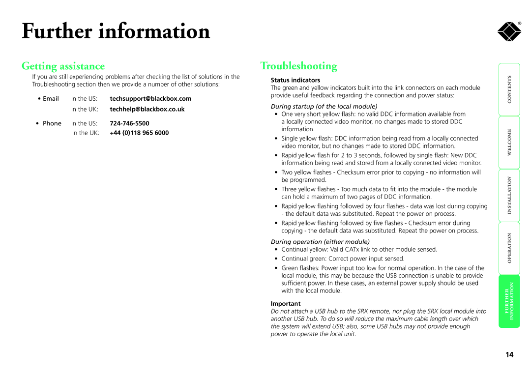 Black Box ServSwitch SRX, ACU5051A, ACU5052A manual Further information, Getting assistance, Troubleshooting 