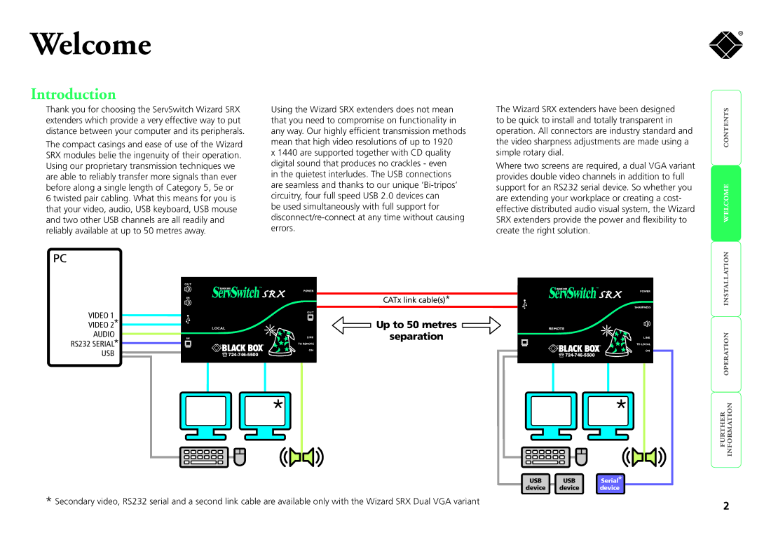 Black Box ServSwitch SRX, ACU5051A, ACU5052A manual Welcome, Introduction, Contents, Installation, Operation 