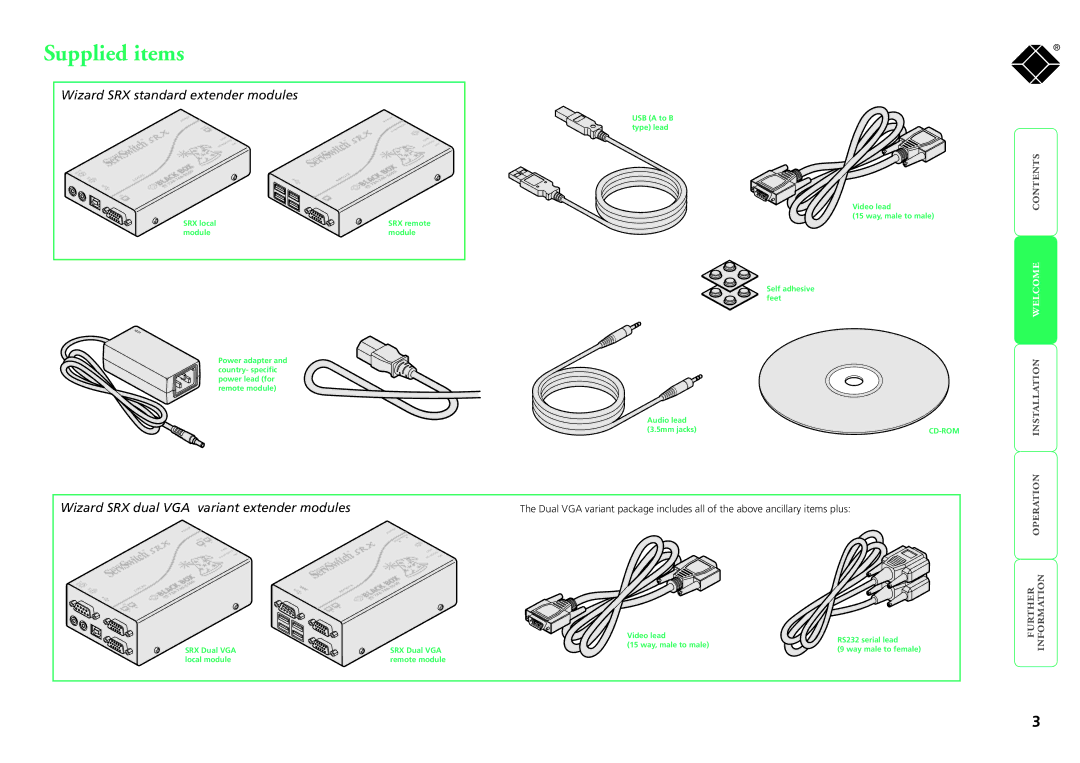 Black Box ACU5051A, ServSwitch SRX, ACU5052A manual Supplied items, Installation welcome contents 