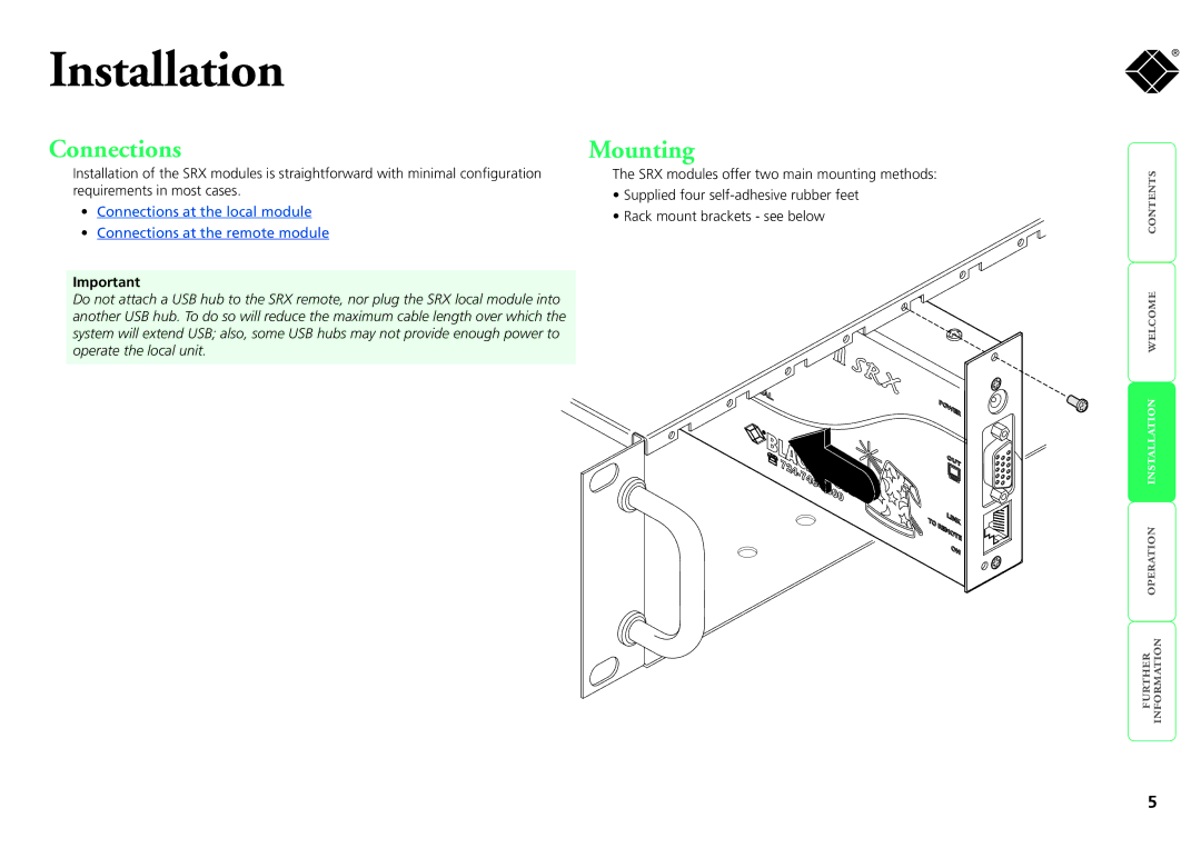 Black Box ServSwitch SRX, ACU5051A, ACU5052A manual Installation, Connections, Mounting 