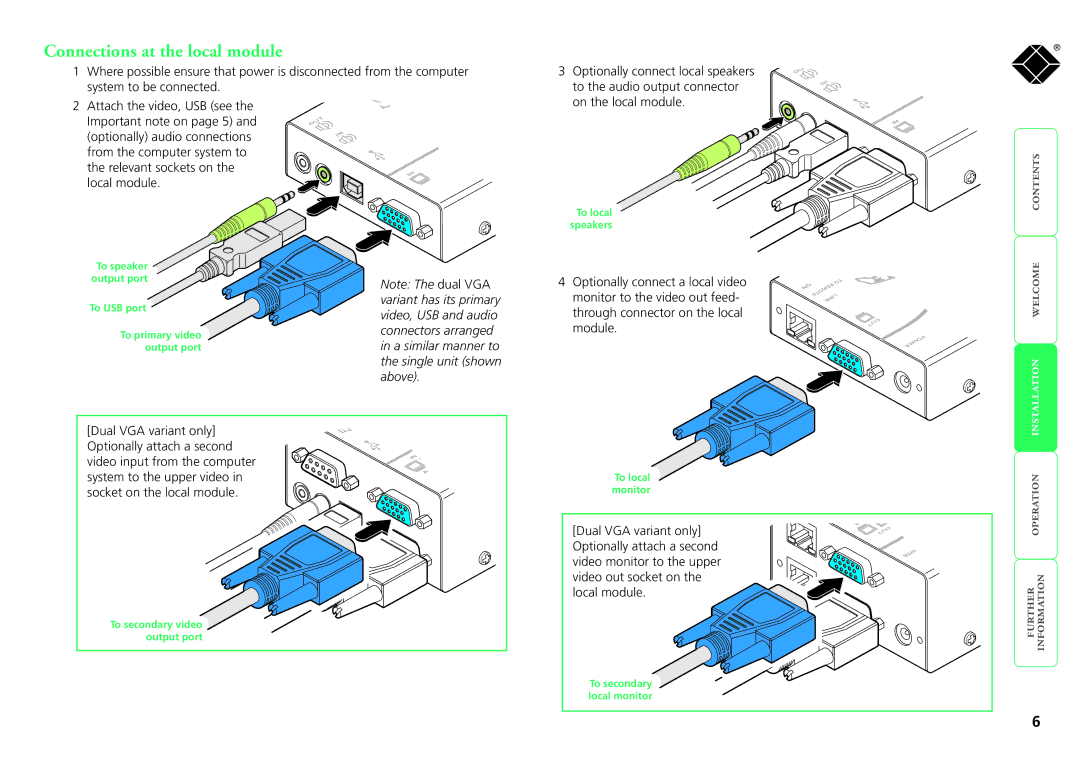 Black Box ACU5051A, ServSwitch SRX, ACU5052A manual Connections at the local module, Installation welcome 