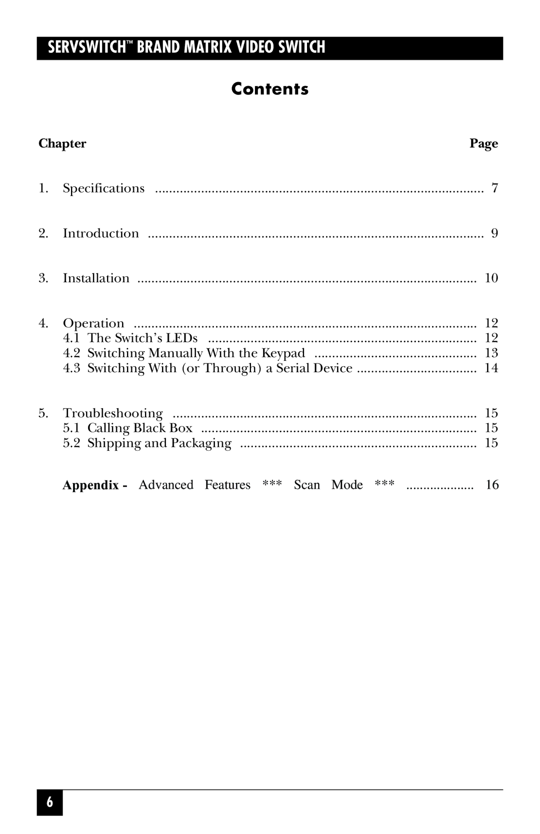 Black Box ServSwitch Video Switch, ACL0404A manual Contents 