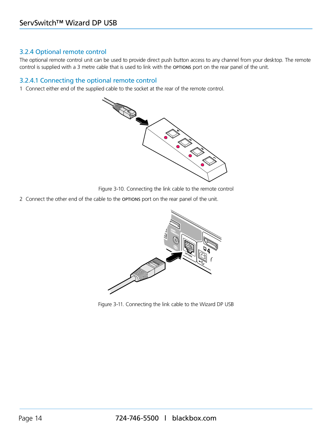 Black Box ServSwitch Wizard DP USB, KV9804A manual Optional remote control, Connecting the optional remote control 
