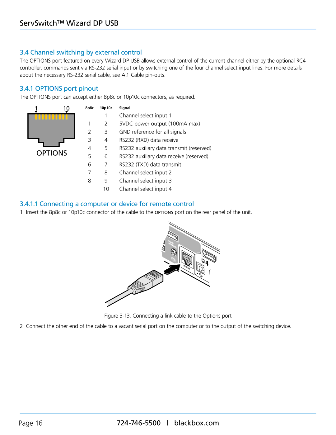 Black Box ServSwitch Wizard DP USB, KV9804A manual Channel switching by external control, Options port pinout 