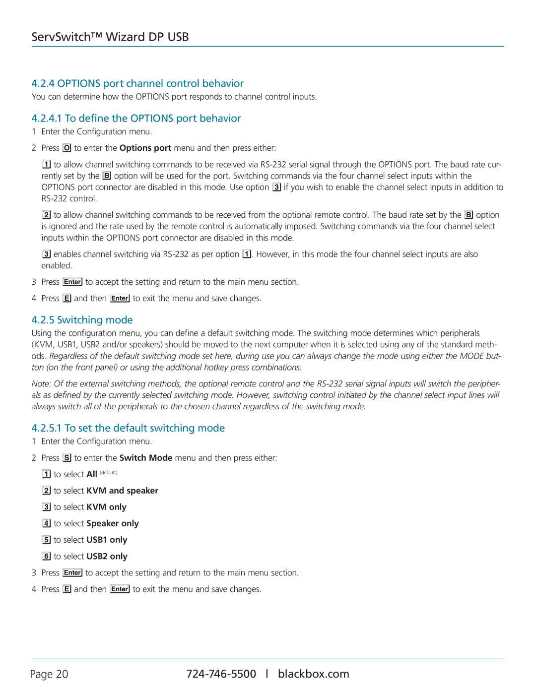 Black Box ServSwitch Wizard DP USB, KV9804A Options port channel control behavior, To define the Options port behavior 