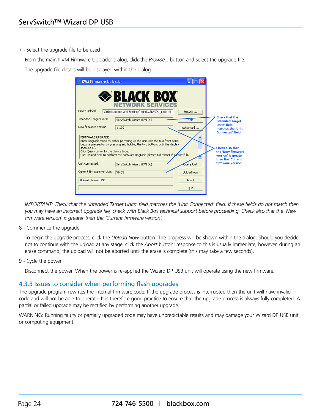 Black Box ServSwitch Wizard DP USB, KV9804A manual Issues to consider when performing flash upgrades, Commence the upgrade 