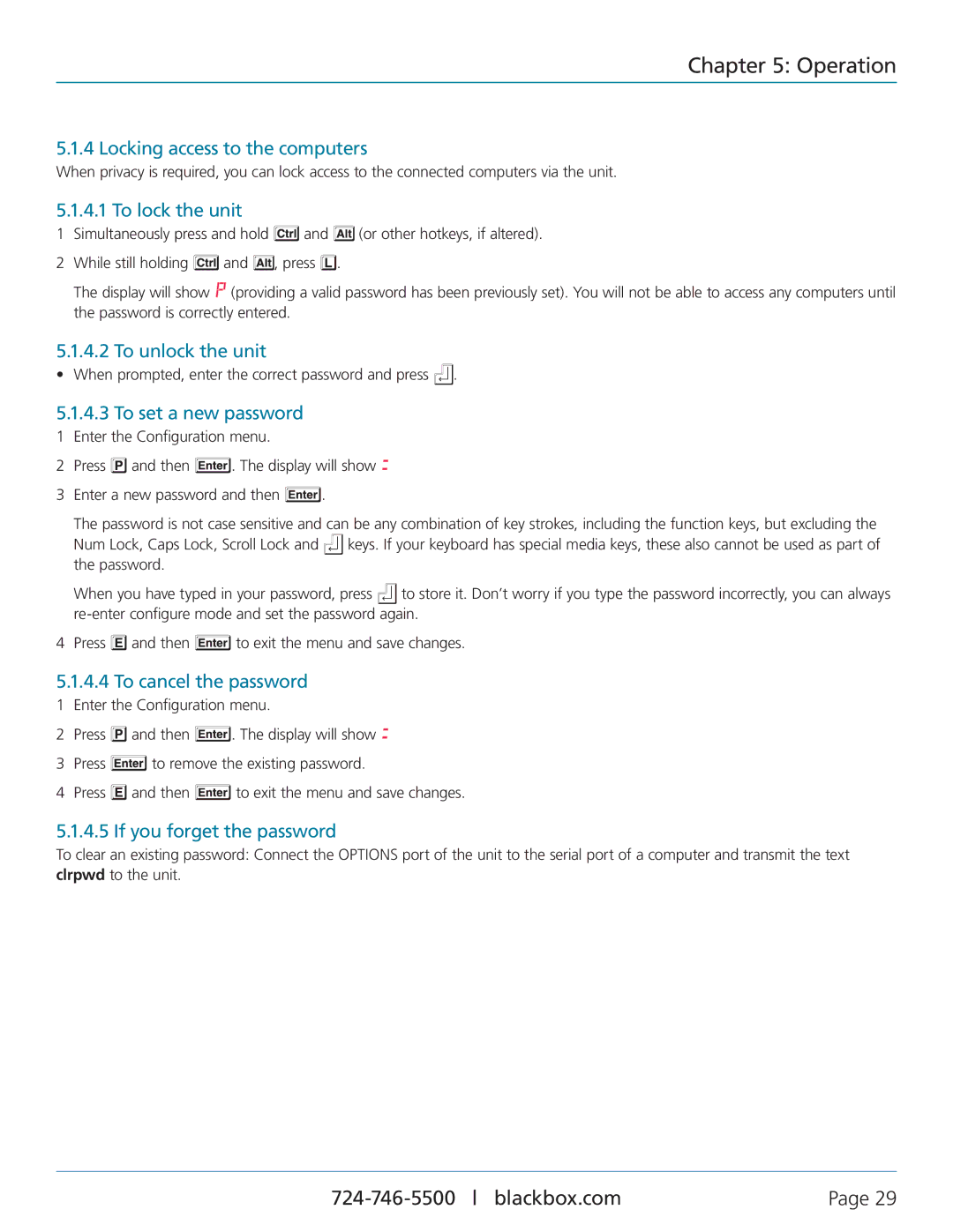 Black Box KV9804A manual Locking access to the computers, To lock the unit, To unlock the unit, To cancel the password 