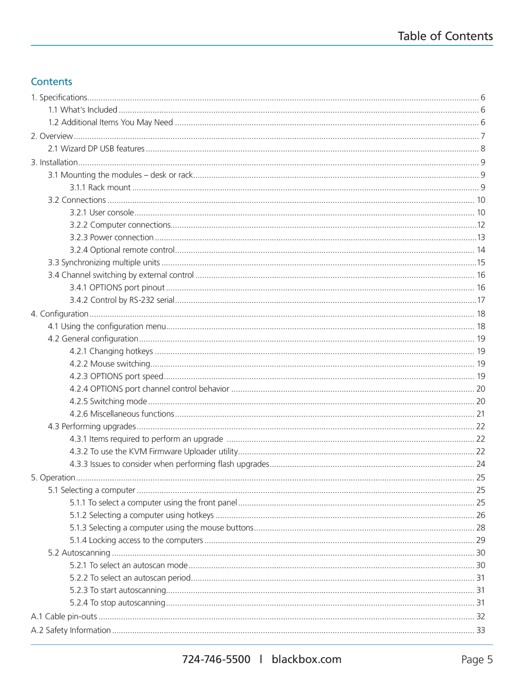 Black Box KV9804A, ServSwitch Wizard DP USB manual Table of Contents 