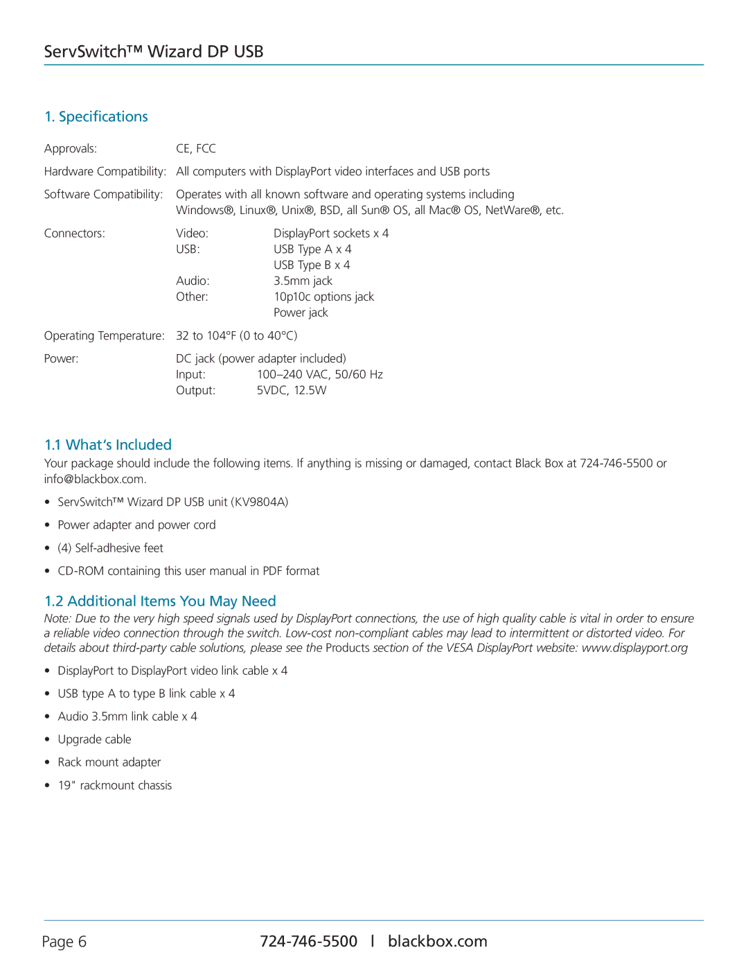 Black Box ServSwitch Wizard DP USB, KV9804A manual Specifications, What‘s Included, Additional Items You May Need 