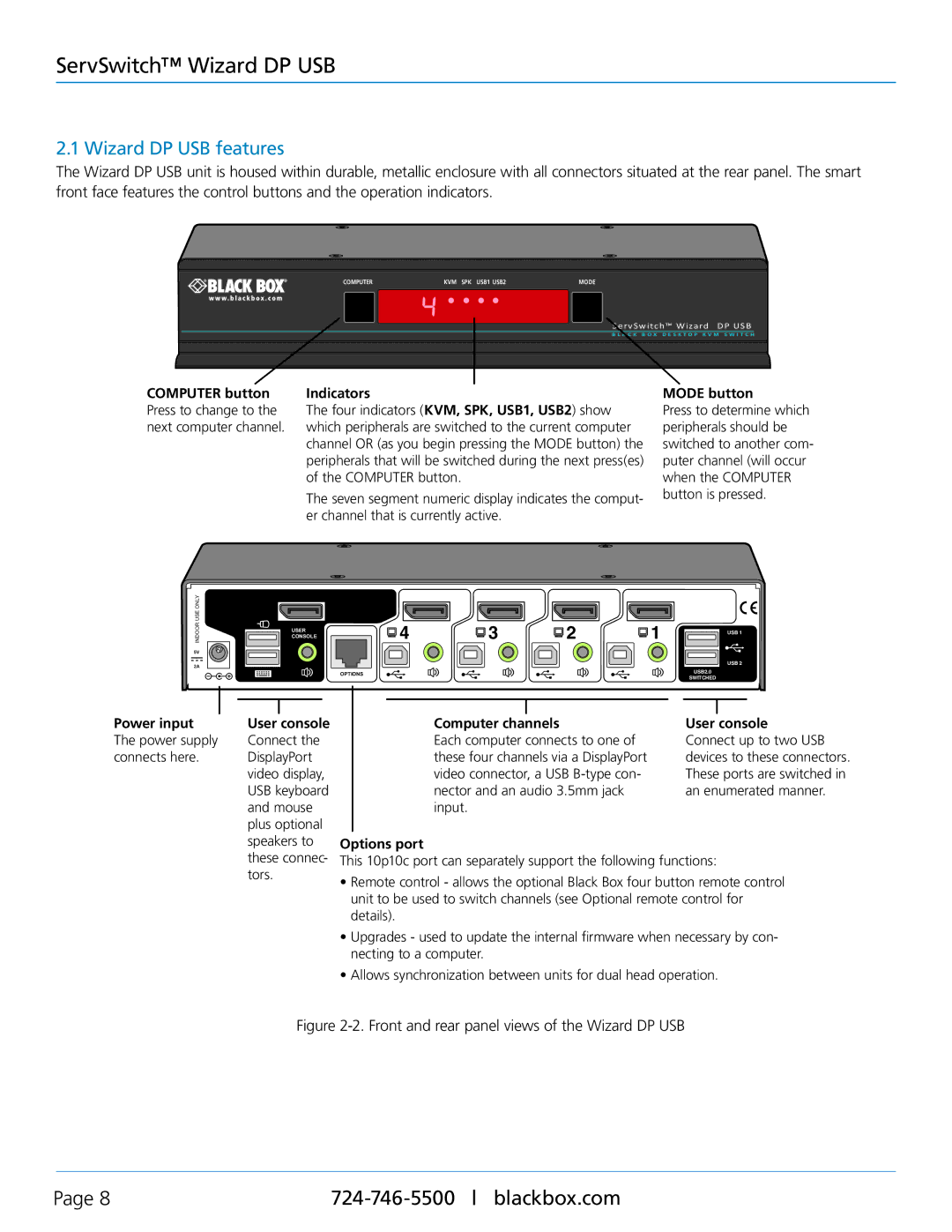 Black Box ServSwitch Wizard DP USB, KV9804A manual Wizard DP USB features, Computer button Indicators 