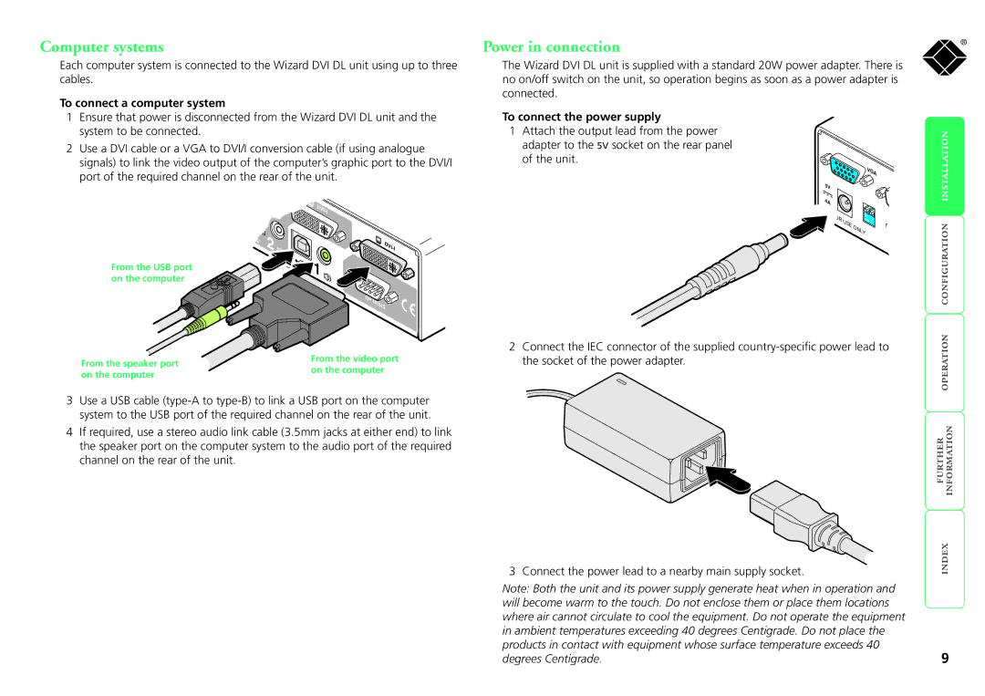 Black Box ServSwitch Wizard DVI DL, KV2008A manual Computer systems, Power in connection, To connect a computer system 