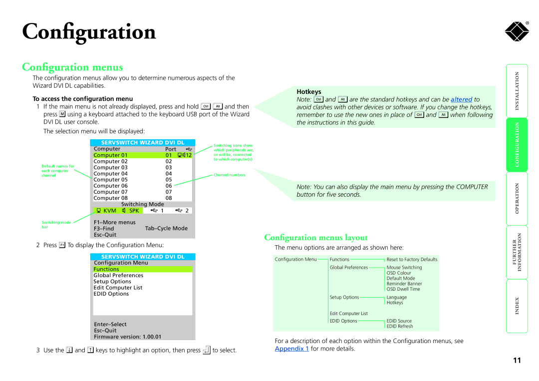 Black Box ServSwitch Wizard DVI DL, KV2008A Configuration menus layout, To access the configuration menu, Hotkeys 