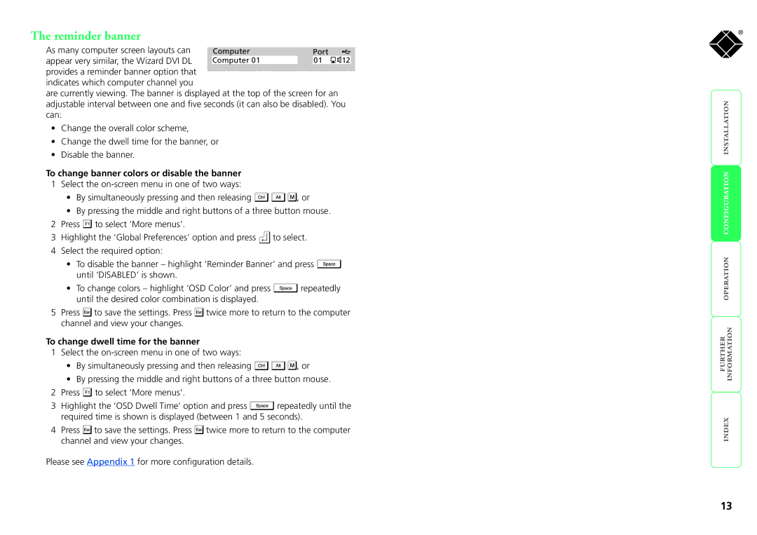 Black Box ServSwitch Wizard DVI DL, KV2008A manual Reminder banner, To change banner colors or disable the banner 