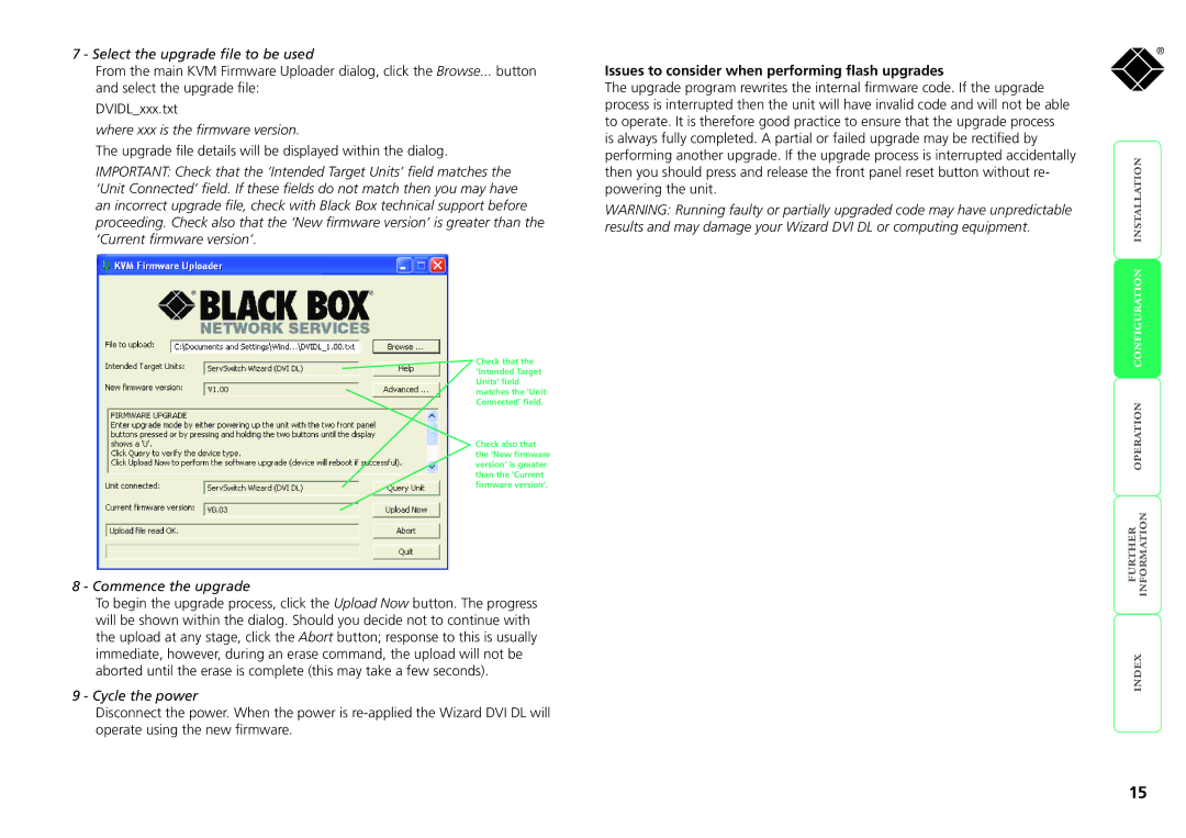 Black Box ServSwitch Wizard DVI DL Select the upgrade file to be used, Where xxx is the firmware version, Cycle the power 