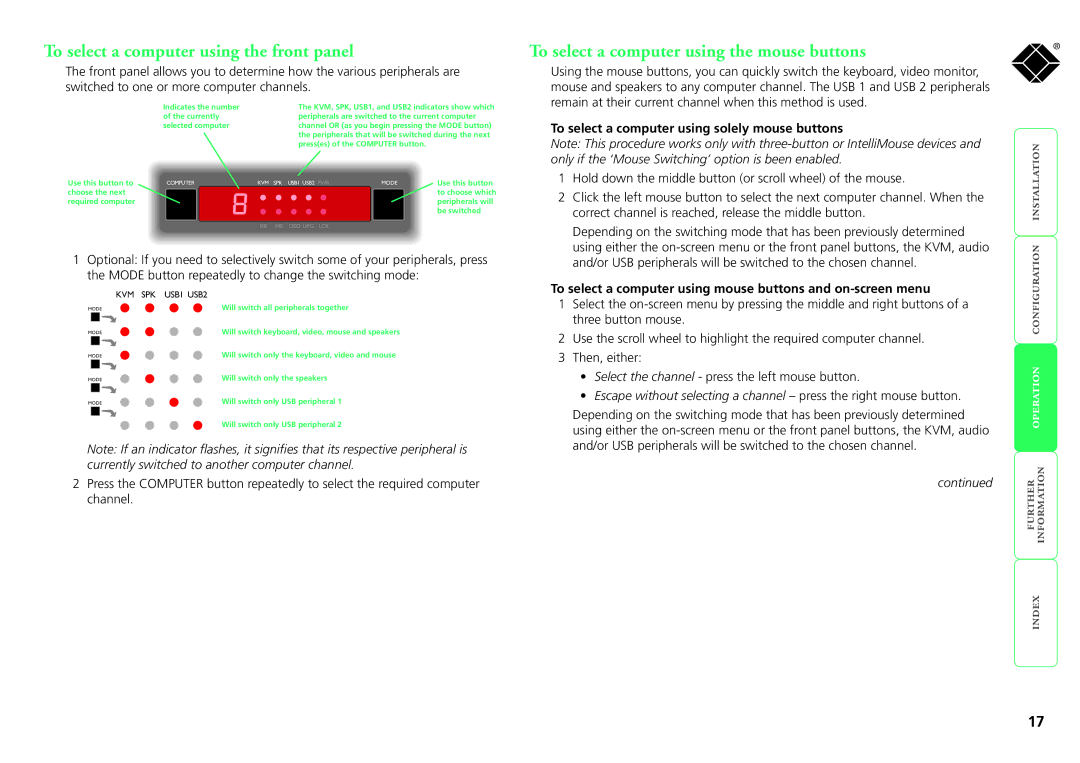 Black Box ServSwitch Wizard DVI DL, KV2008A manual To select a computer using the front panel 