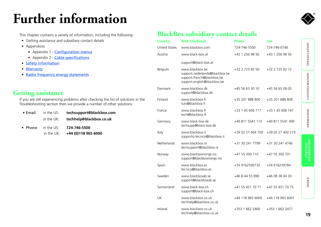 Black Box ServSwitch Wizard DVI DL, KV2008A Further information, Getting assistance, BlackBox subsidiary contact details 