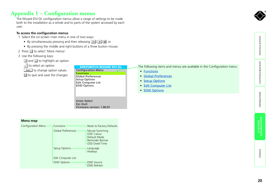 Black Box KV2008A, ServSwitch Wizard DVI DL Appendix 1 Configuration menus, To access the configuration menus, Menu map 