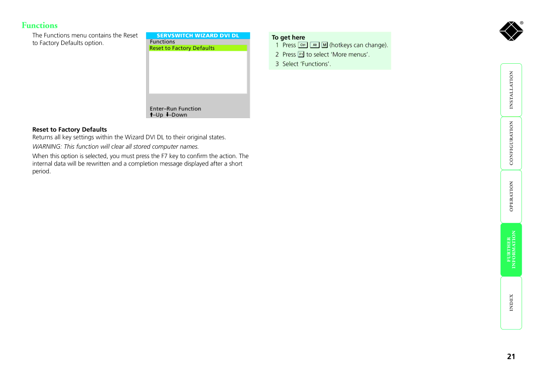 Black Box ServSwitch Wizard DVI DL, KV2008A manual Functions, To get here, Reset to Factory Defaults 