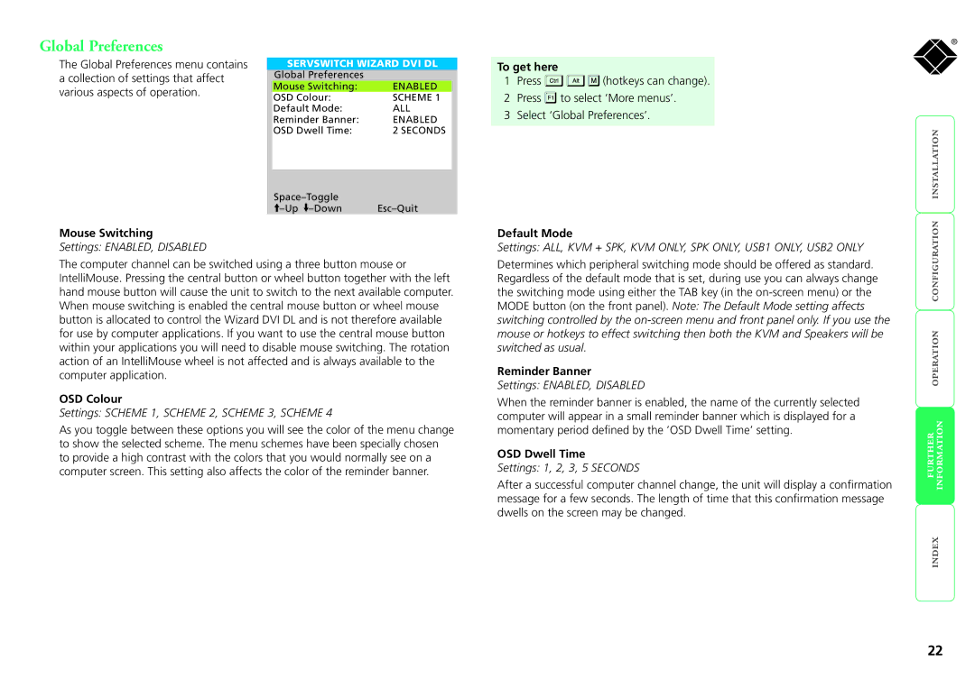 Black Box KV2008A, ServSwitch Wizard DVI DL manual Global Preferences 