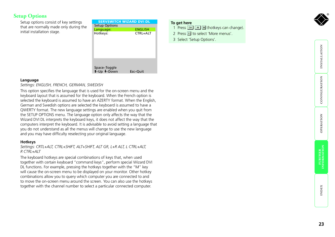 Black Box ServSwitch Wizard DVI DL, KV2008A manual Setup Options, Language, Settings ENGLISH, FRENCH, GERMAN, Swedish 