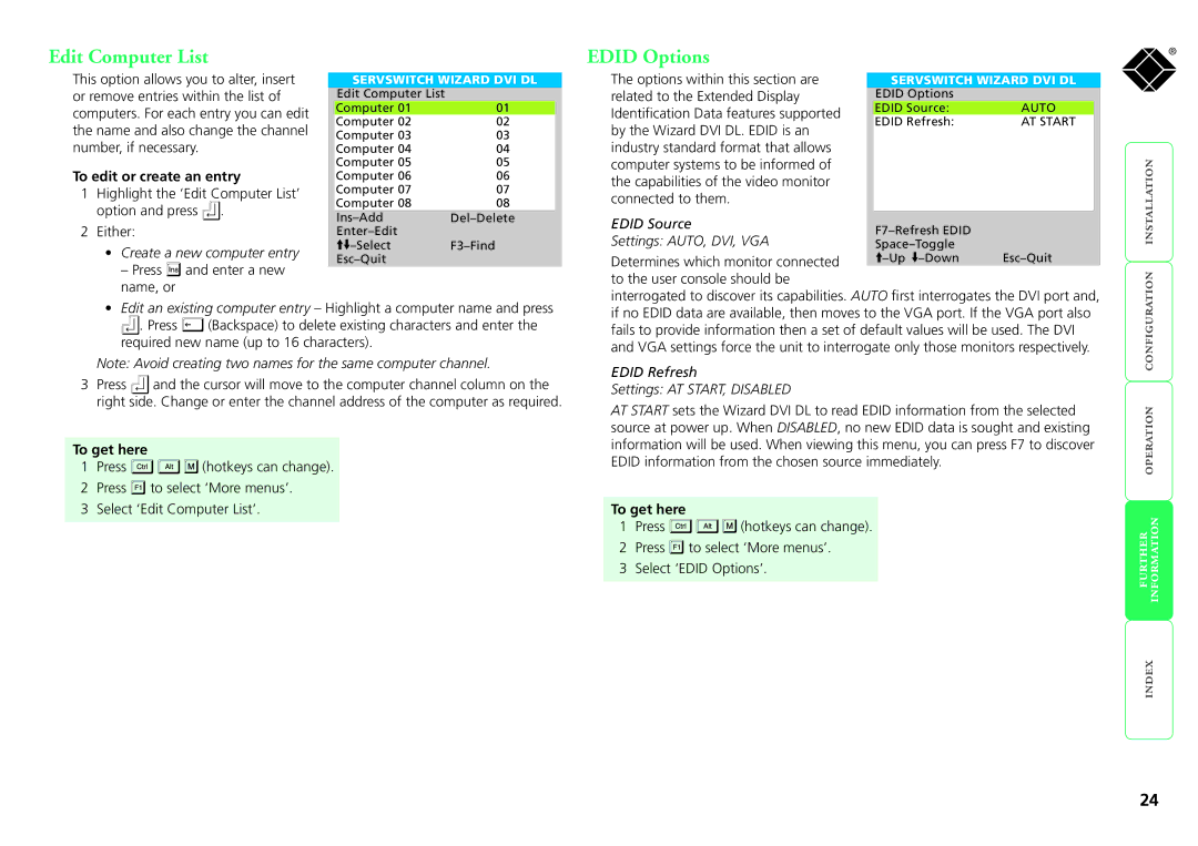 Black Box KV2008A, ServSwitch Wizard DVI DL manual Edit Computer List Edid Options, To edit or create an entry 