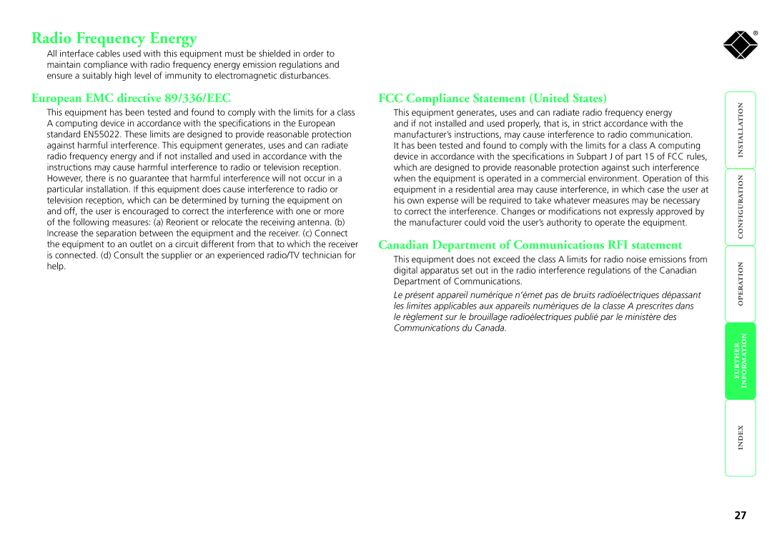 Black Box ServSwitch Wizard DVI DL, KV2008A manual Radio Frequency Energy, European EMC directive 89/336/EEC 