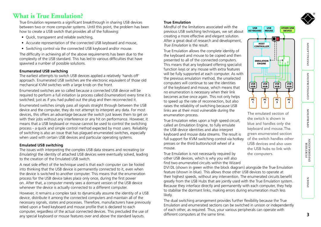 Black Box ServSwitch Wizard DVI DL, KV2008A manual What is True Emulation?, Enumerated USB switching, Emulated USB switching 