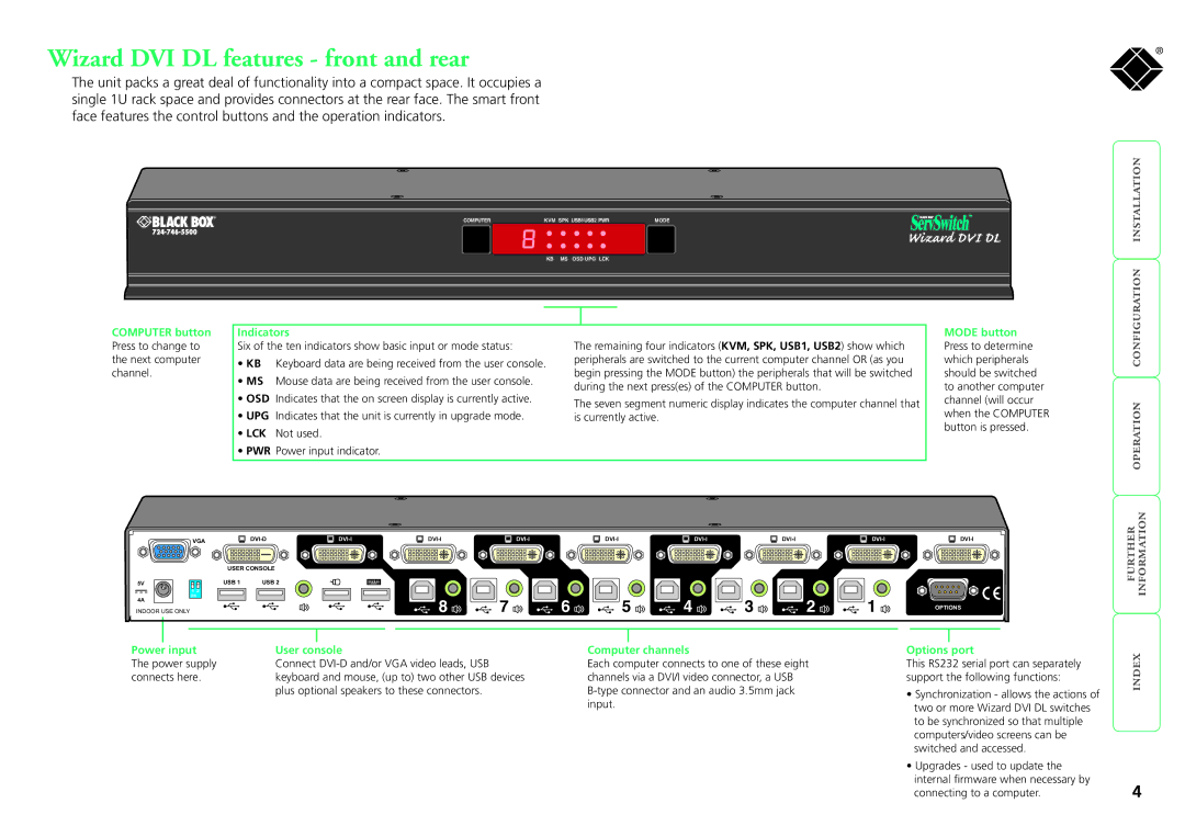 Black Box KV2008A, ServSwitch Wizard DVI DL manual Wizard DVI DL features front and rear 