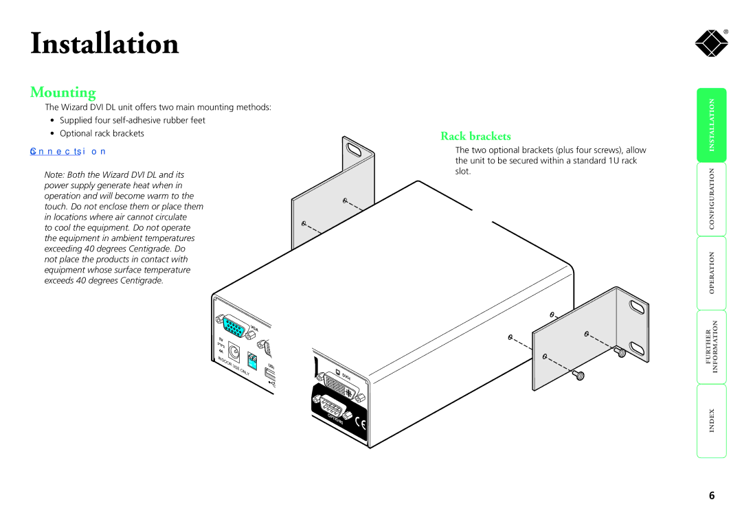 Black Box KV2008A, ServSwitch Wizard DVI DL manual Installation, Mounting, Rack brackets 