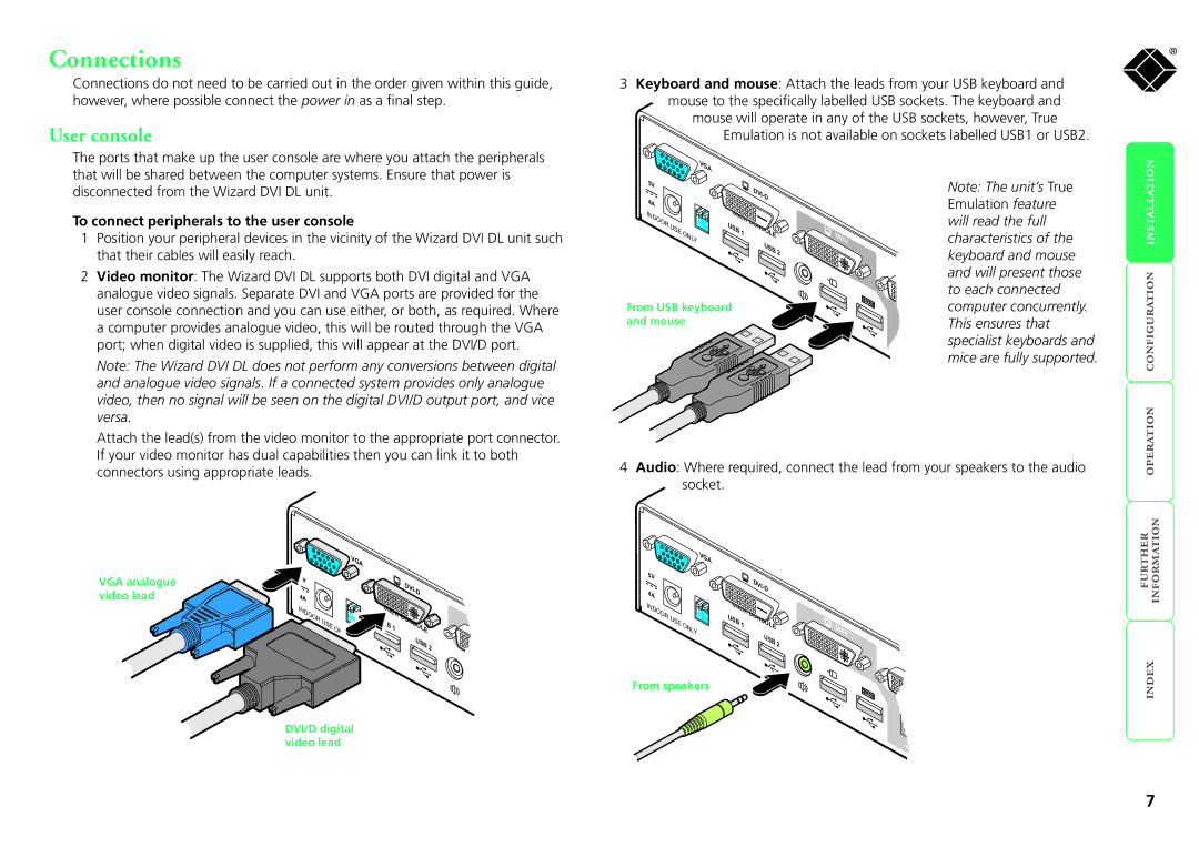 Black Box ServSwitch Wizard DVI DL, KV2008A Connections, User console, To connect peripherals to the user console, Versa 