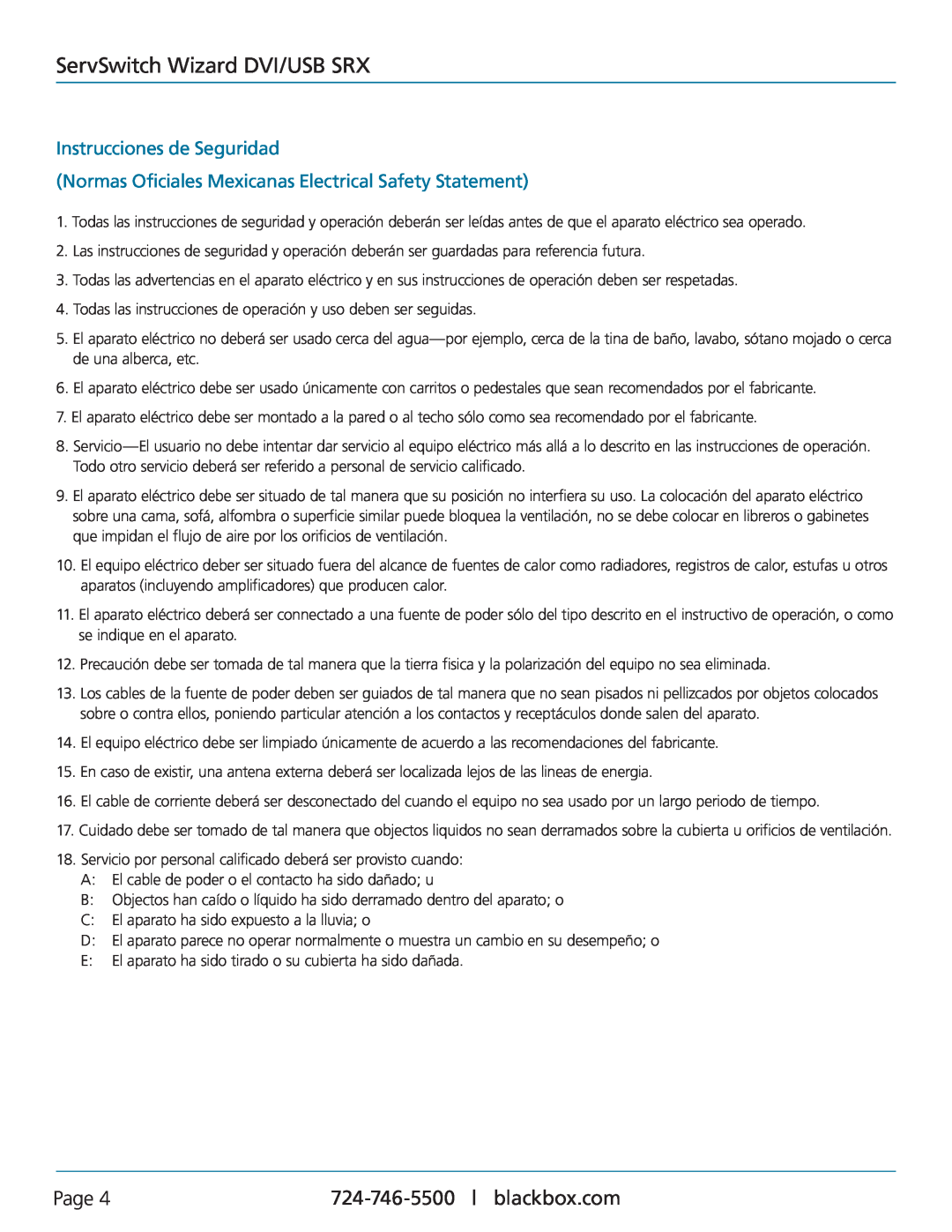 Black Box ACU5501A-R4 manual Instrucciones de Seguridad, Normas Oficiales Mexicanas Electrical Safety Statement, Page 