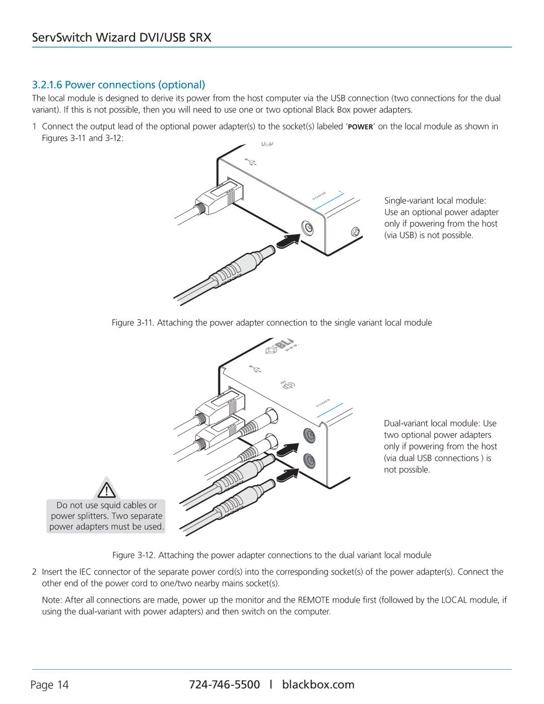 Black Box ACU5501A-R4, ServSwitch Wizard DVI/USB SRX manual Power connections optional 