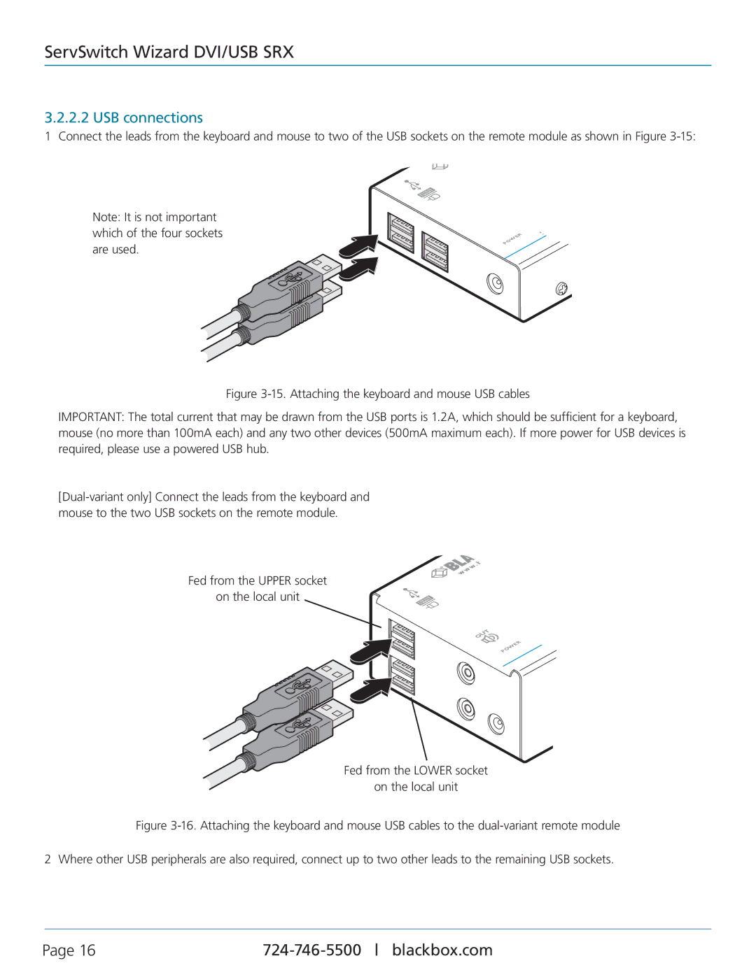 Black Box ACU5501A-R4, ServSwitch Wizard DVI/USB SRX manual Fed from the Upper socket On the local unit 