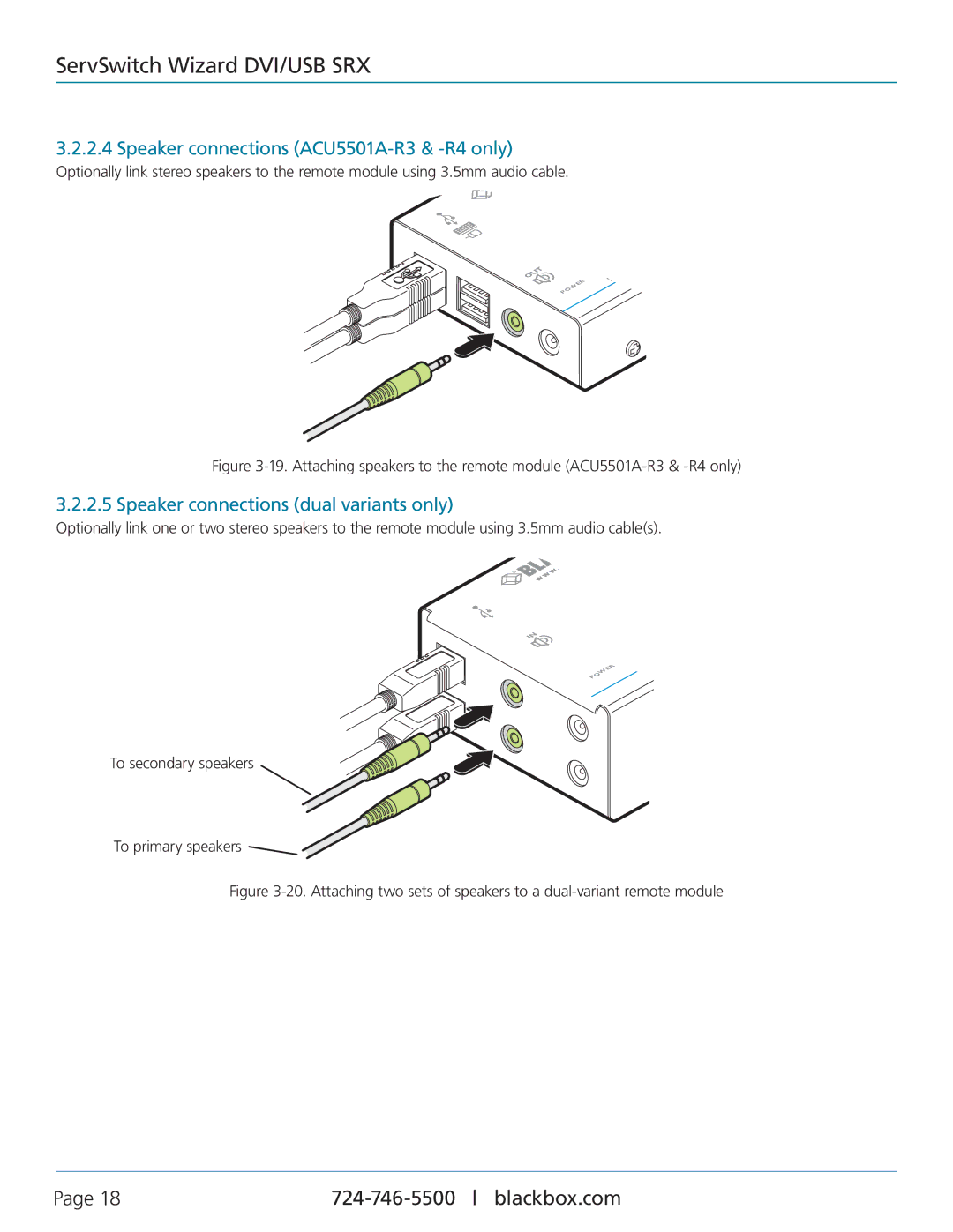 Black Box ACU5501A-R4 manual Speaker connections ACU5501A-R3 & -R4 only, Speaker connections dual variants only 