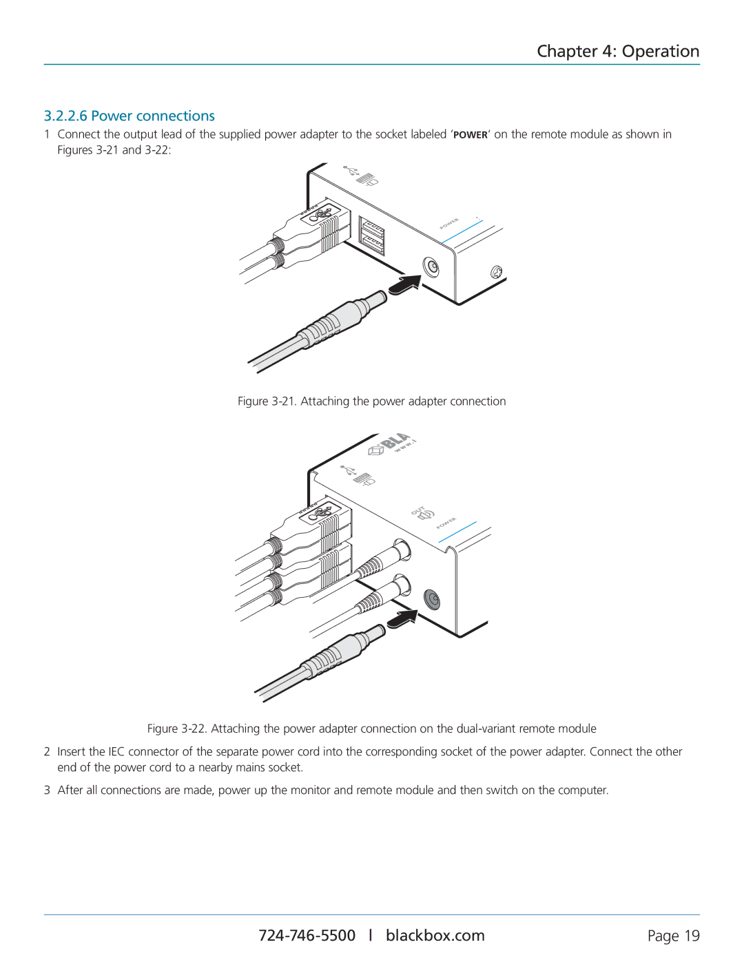 Black Box ServSwitch Wizard DVI/USB SRX, ACU5501A-R4 manual Operation, Power connections 