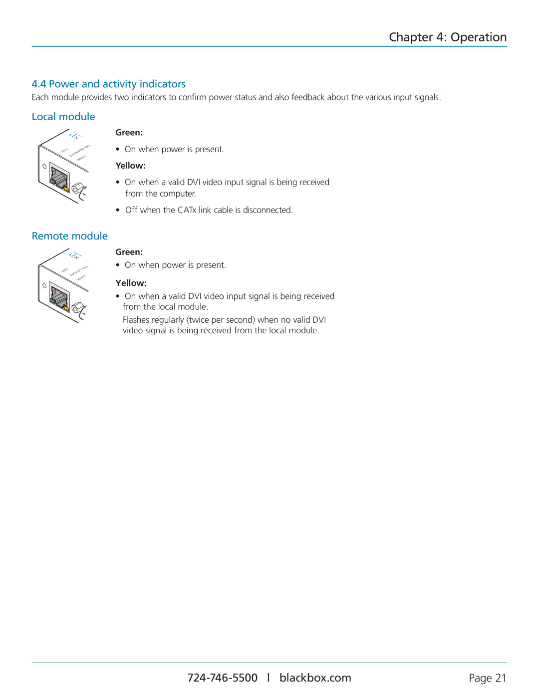 Black Box ServSwitch Wizard DVI/USB SRX, ACU5501A-R4 manual Power and activity indicators, Local module, Remote module 