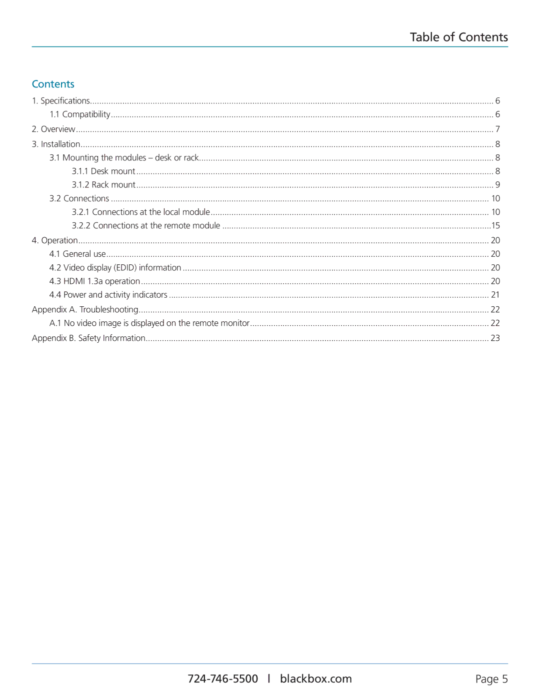 Black Box ServSwitch Wizard DVI/USB SRX, ACU5501A-R4 manual Table of Contents 