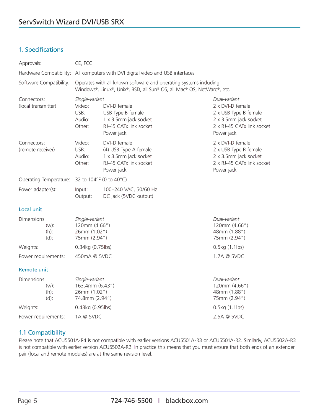 Black Box ACU5501A-R4, ServSwitch Wizard DVI/USB SRX manual Specifications, Compatibility 